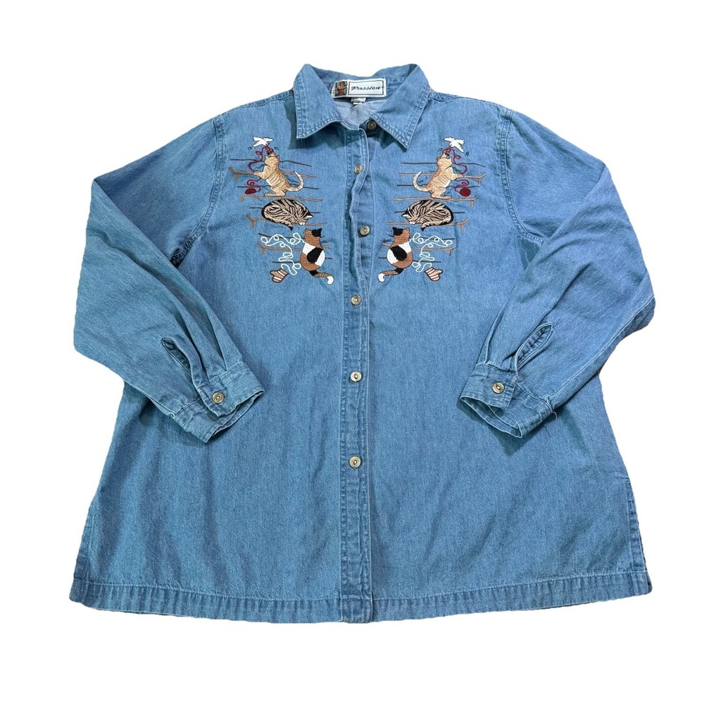 Vintage 90s Cat Pattern Button Up Long Sleeve Shirt Granola‎ Embroidered Yarn 14